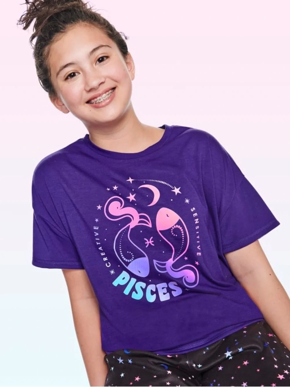 Sugar & Jade Tween Girls Pisces Zodiac Sleep Tee and Pants, Size Large (12/14)